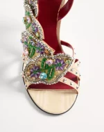 Valentino Dans Le Foyer Sandal In Moiré Fabric With Floral Embroidery And Feathers 105Mm - Image 3
